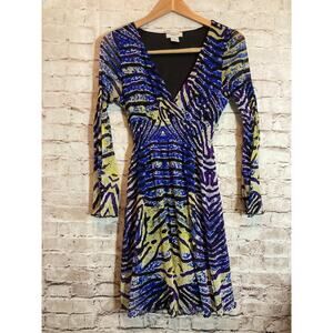 Vertigo Paris Dress Womens Medium Babydoll Mesh Cobalt & Yellow Zebra Print